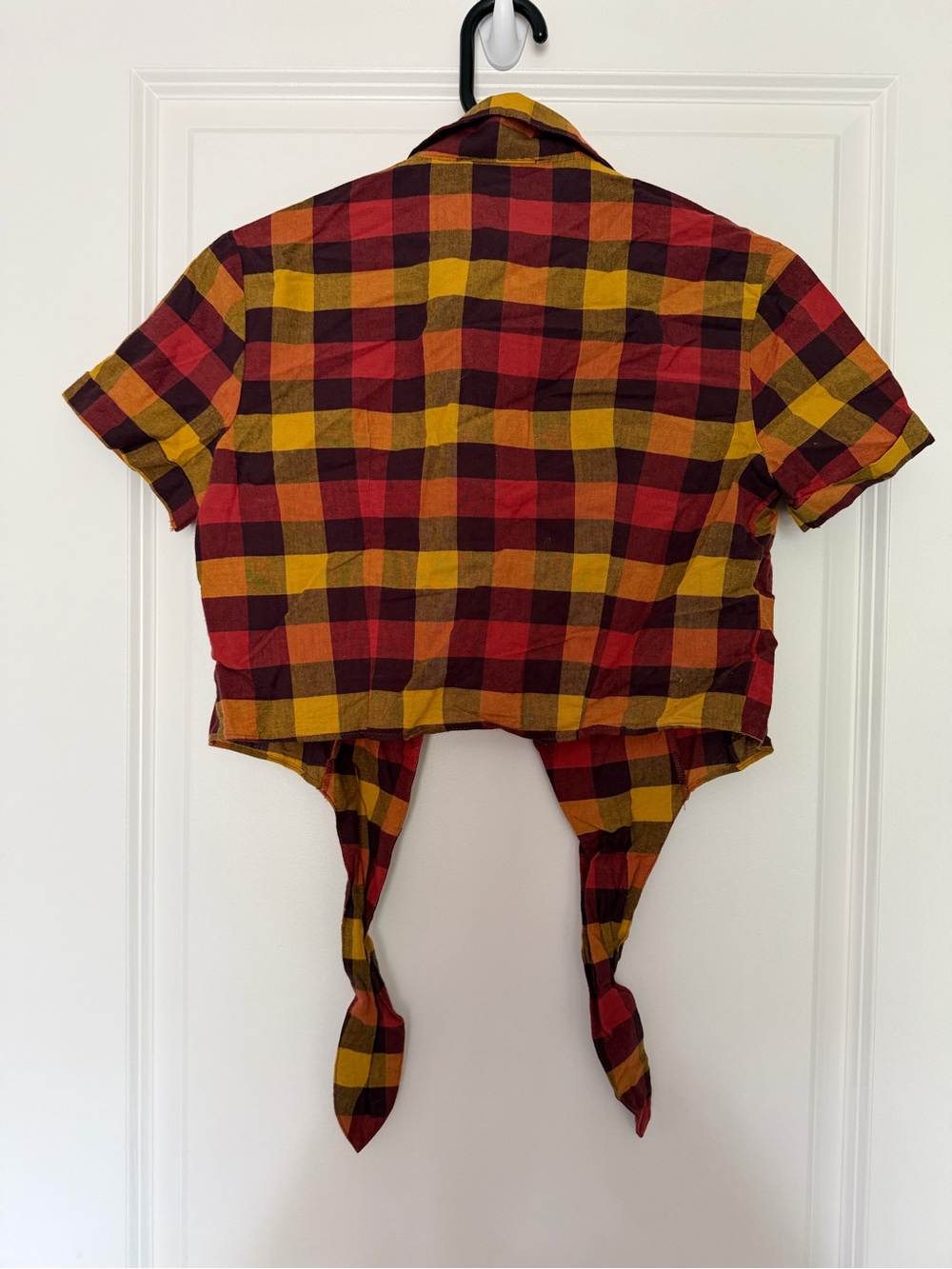 Plaid Tie-Front Cropped Shirt Jacket - Red & Mustard - Picture 2 of 2